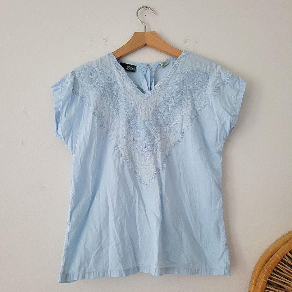 Vintage Cabin Creek 100% Cotton Baby Blue Blouse Embroidered Small